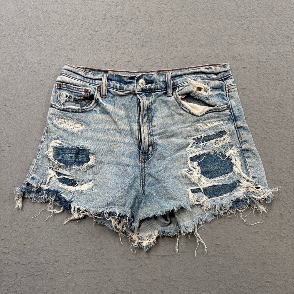 American Eagle Booty Shorts Women's 8 Blue Denim Light Wash High Rise Distressed